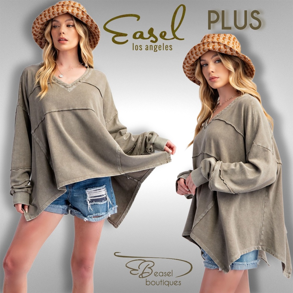 EASEL “Love, Hayley” Mineral Wash Cotton Terry Knit Raw Seams Uneven Hem V-Neck